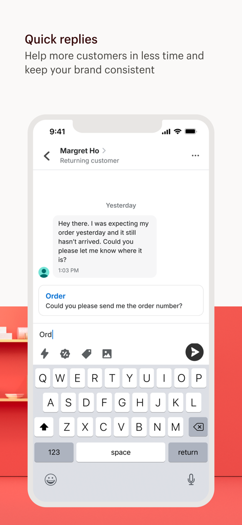 Interfaccia di Shopify Inbox che mostra suggerimenti di risposte rapide per la chat dell'esercente