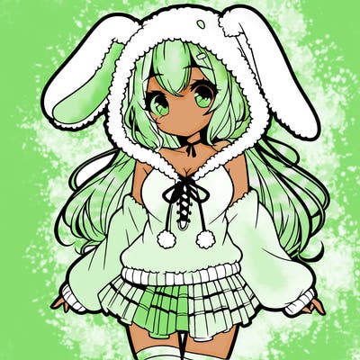 pretty anime girl wearing a fluffy hoodie with bunny ears on the hood and a skirt