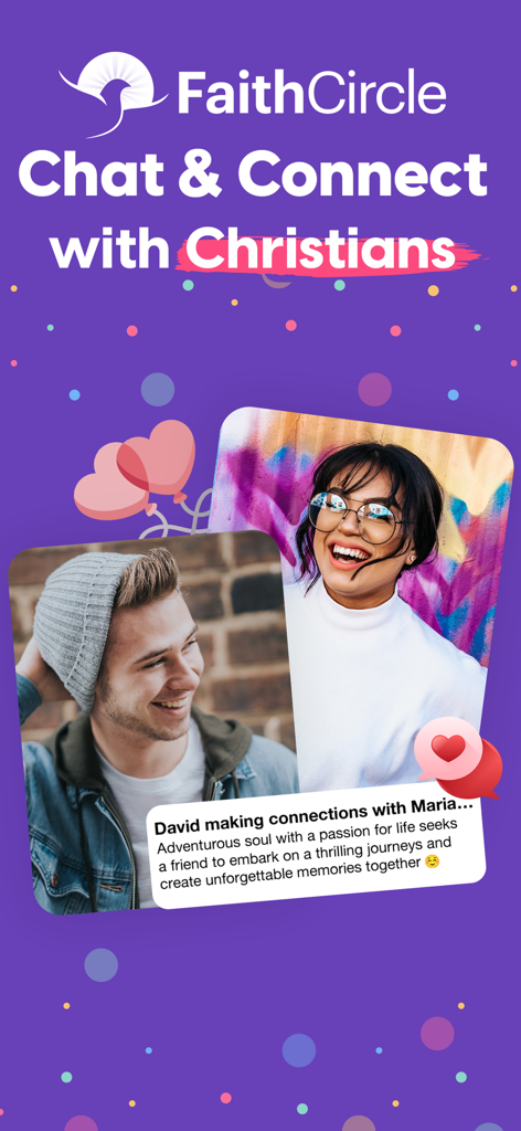 FaithCircle: Chat. Meet. Dates - FaithCircle app screen showing profiles of young Christians connecting and chatting on a purple background