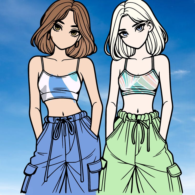 two girls with crop top with baggy pants