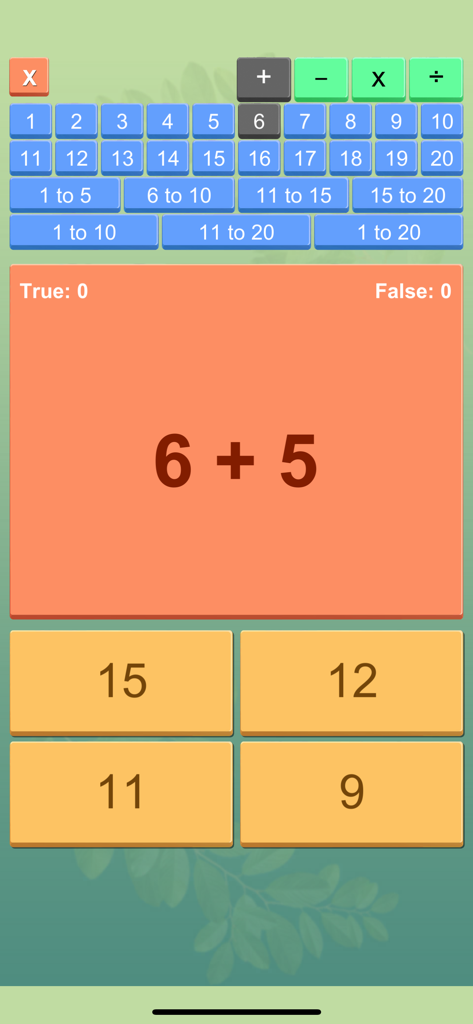Math Tables with Quiz - A math addition quiz interface showing the problem 6 plus 5 with multiple choice answers