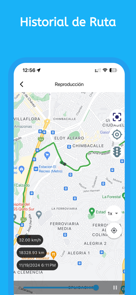 EcuaGPS - EcuaGPS app interface showing a vehicle's route history on a map with real-time speed and timestamp data