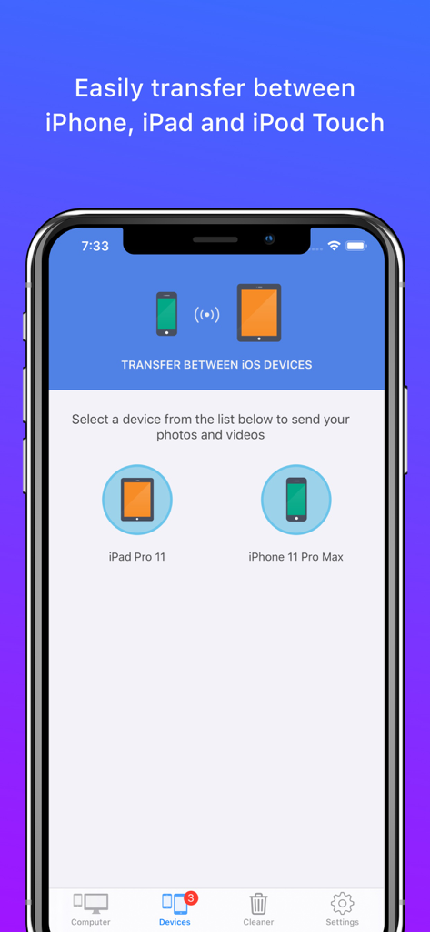 Pantalla que muestra la función de transferencia de dispositivos iOS con opciones para enviar fotos entre un iPad Pro y un iPhone