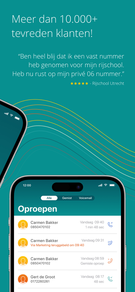 Dubline - 2 telnrs op 1 mobiel - Interfaz de la aplicación móvil Dubline que muestra registros de llamadas y un testimonio de cliente de 5 estrellas.