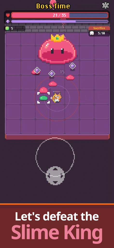 Pickaxe King Island - A Fox Knight character battling a giant pink Slime King boss in a pixel art dungeon