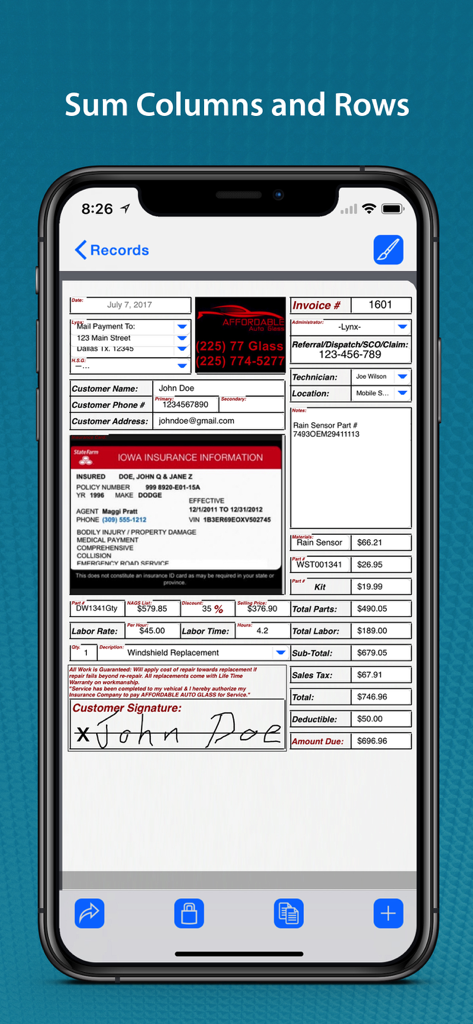 Digital invoice form on an iPhone showing automated field calculations for parts and labor with a captured signature