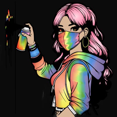 realistic girl with mask spray painting a wall