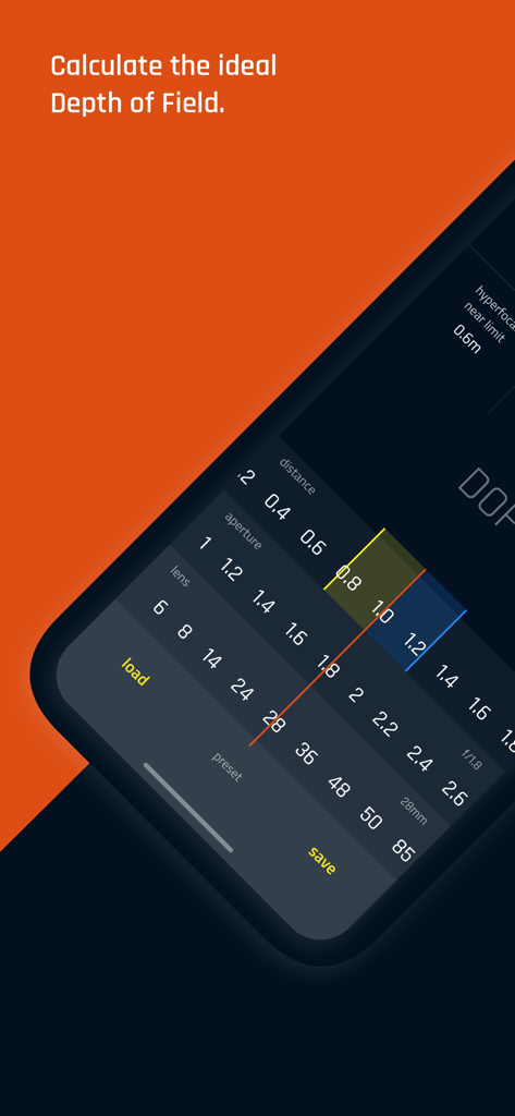 DOF Pro - Interfaz de la aplicación móvil DOF Pro que muestra deslizadores de distancia, apertura y lente para calcular la profundidad de campo