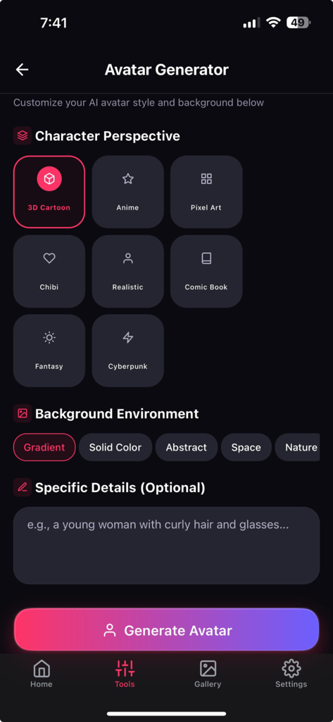 Photo Aiアプリのアバターカスタマイズ画面。さまざまなキャラクターのスタイルと背景オプションが表示されています。