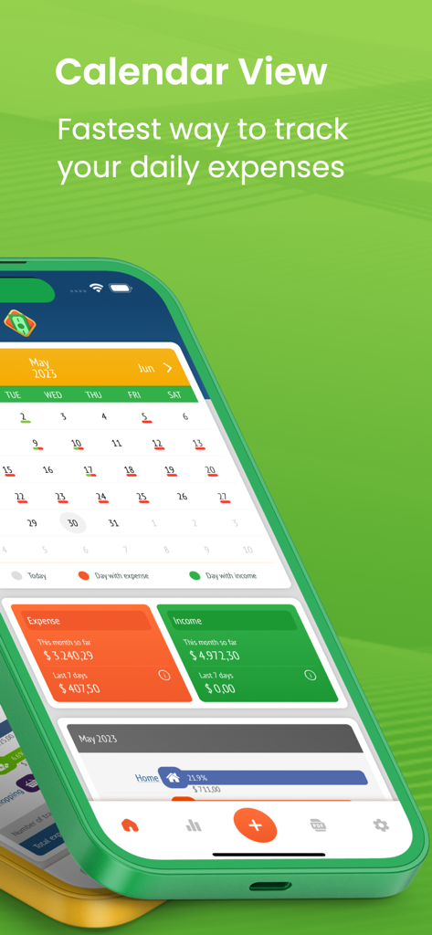 Spending Tracker and Manager - Calendar view of the Spending Tracker and Manager app showing daily expense and income summaries