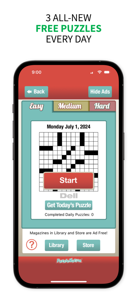Penny Dell Daily Crossword - Penny Dell Daily Crossword app main screen with easy medium and hard puzzle levels.