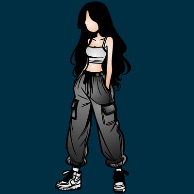 girl in baggy pants crop top and long hair