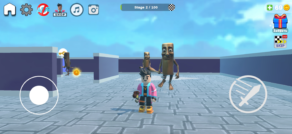 Captura de tela do gameplay de Obby Parkour Games Escape slap com um personagem e inimigos altos de meme de madeira