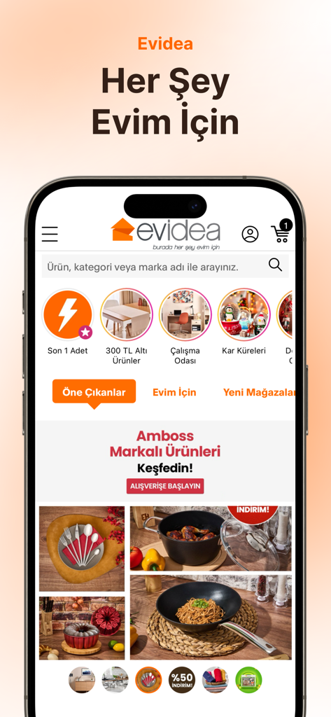 Evidea - Interface de l'application mobile d'Evidea présentant des produits de décoration et des ustensiles de cuisine