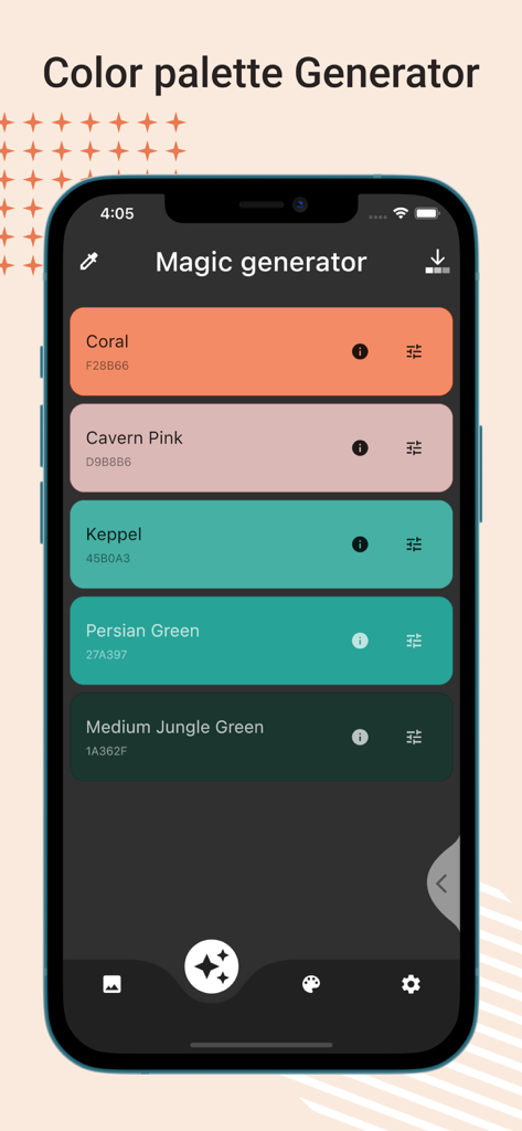 Color Picker: Grab Palette - A mobile interface for the Color Picker app showing the Magic Generator tool with a palette of coral pink and green shades including their hex codes