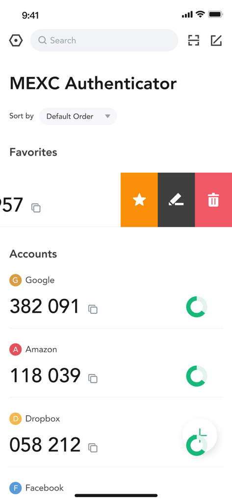 MEXC Authenticator 앱의 사용자 인터페이스는 여러 계정에 대한 보안 코드를 표시합니다.