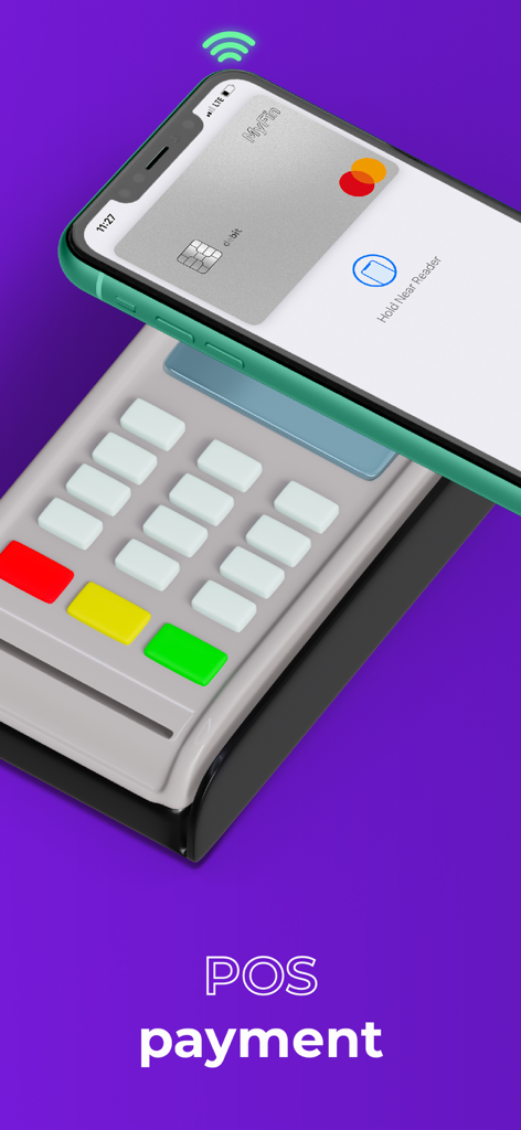 Smartphone utilizando la billetera digital MyFin para un pago TPV sin contacto en una terminal de tarjetas