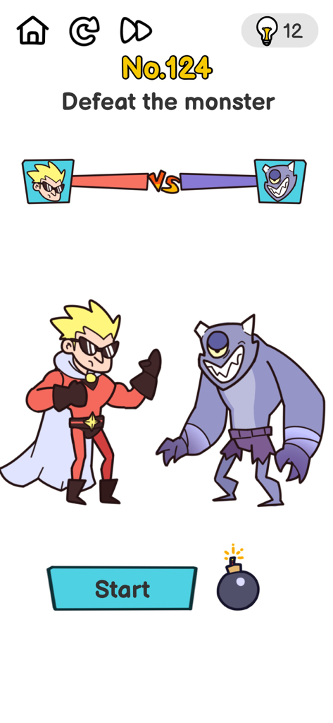 Brain Out puzzle game level 124 showing a superhero facing a purple monster with the objective to defeat it