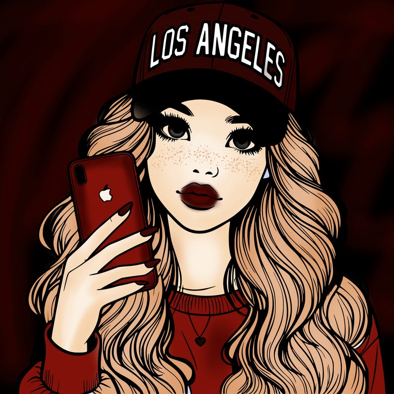 realistic beautiful girl wearing los ángeles cap holding an iphone