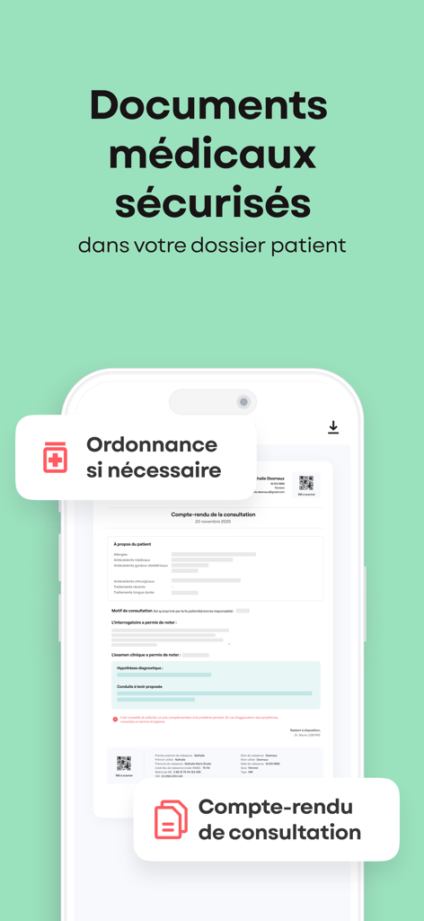 Smartphone displaying secure medical documents including prescriptions and consultation reports in the Qare app