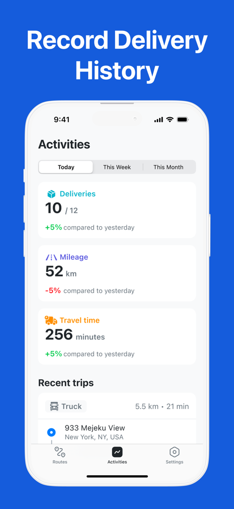 enRoute Delivery Route Planner - enRoute app dashboard showing delivery statistics, mileage tracking, and recent trip history for couriers.