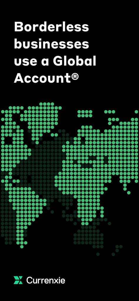 Currenxie Global Account - Tela de introdução da Conta Global Currenxie com um mapa mundial pontilhado verde e título de negócios