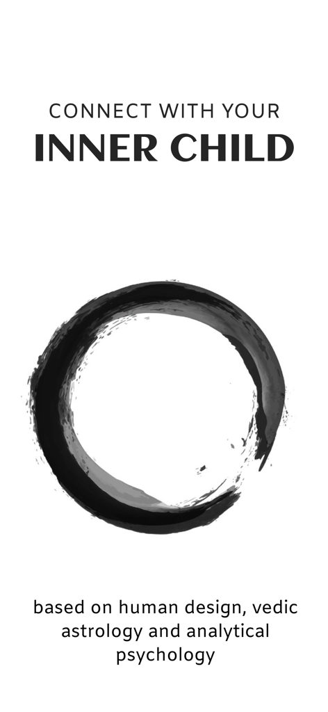 Intro screen for InnerChild app featuring a black brush stroke circle and text about human design and analytical psychology.