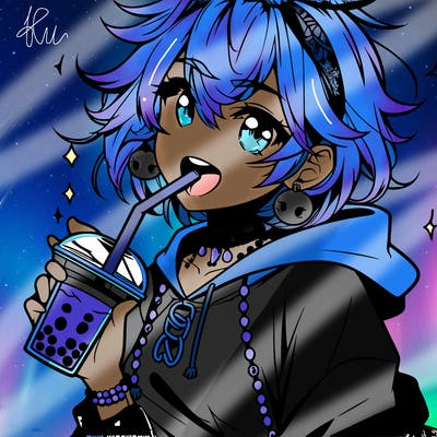 hot baddie anime girl drinking boba and biting the straw