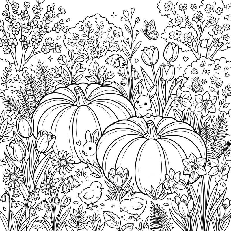 Welcome spring with this delightful coloring page featuring grand Cinderella pumpkins amidst a vibrant garden scene. Adorable bunnies and chicks frolic among a bounty of blooming flowers, ready for your creative touch.