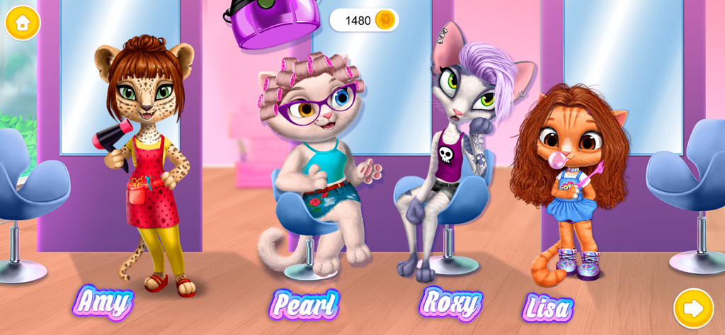 Amy's Animal Hair Salon - Cuatro lindos personajes de gatos llamados Amy Pearl Roxy y Lisa dentro de un salón de peluquería de mascotas
