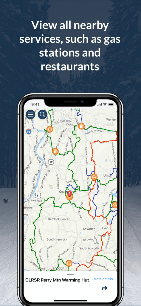 SledNH 2026 mobile app screen showing a snowmobile trail map with icons for nearby gas stations and warming huts.