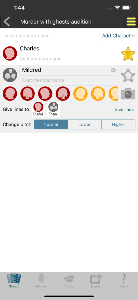 Audition Pro - Interface do aplicativo móvel Audition Pro para configurar personagens e tons de voz para um roteiro de audição.
