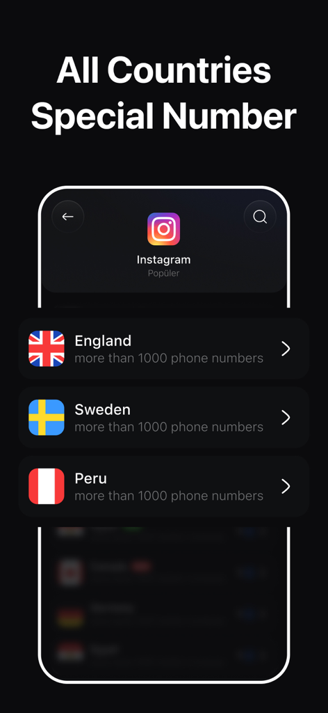 Tela do aplicativo SMSVerify exibindo números de telefone virtuais de diferentes países para verificação do Instagram
