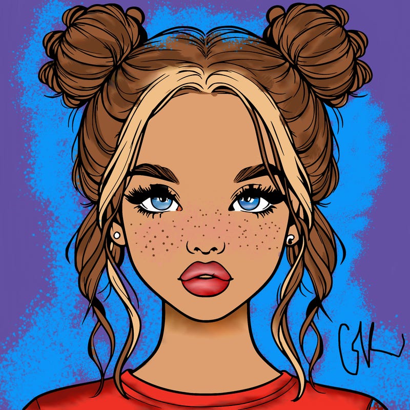 realistic girl with two buns in hair and lips
