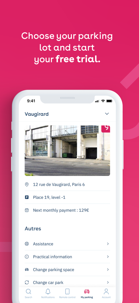 Yespark mobile app interface displaying parking lot location details and monthly subscription information.