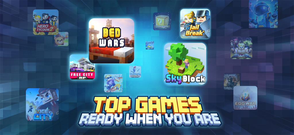 Blockman GO - Una colección de iconos de minijuegos voxel en Blockman GO, incluyendo Bed Wars y SkyBlock