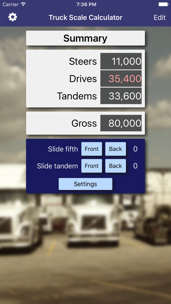 A summary screen of the Truck Scale Calculator app displaying weights for steers drives and tandems with an alert for overweight axles