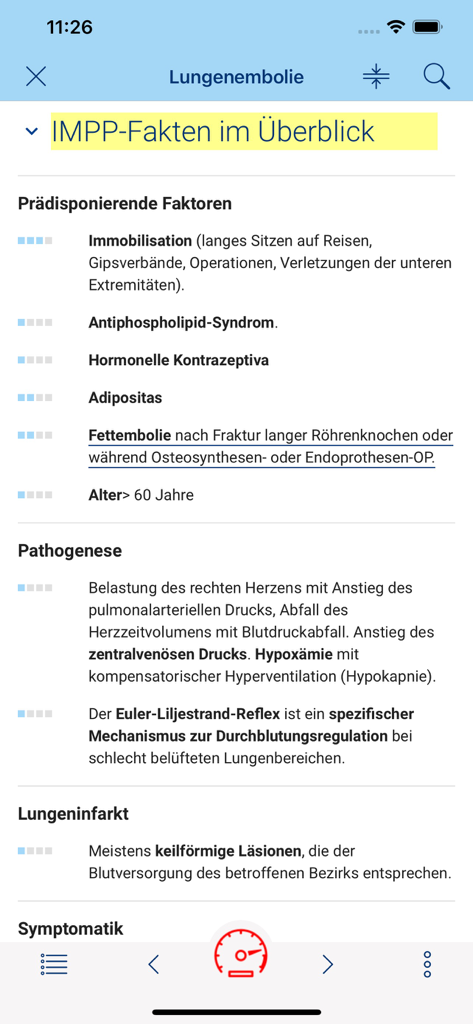 via medici WISSEN TO GO - Interface de aplicativo de estudo médico mostrando informações sobre embolia pulmonar e fatos de exame