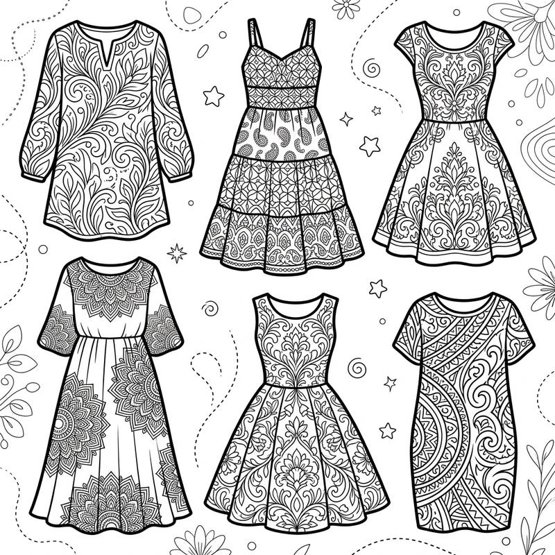 Dive into the world of fashion with this delightful adult coloring page featuring an array of casual dresses. Each design offers intricate patterns, perfect for mindful relaxation and creative expression.