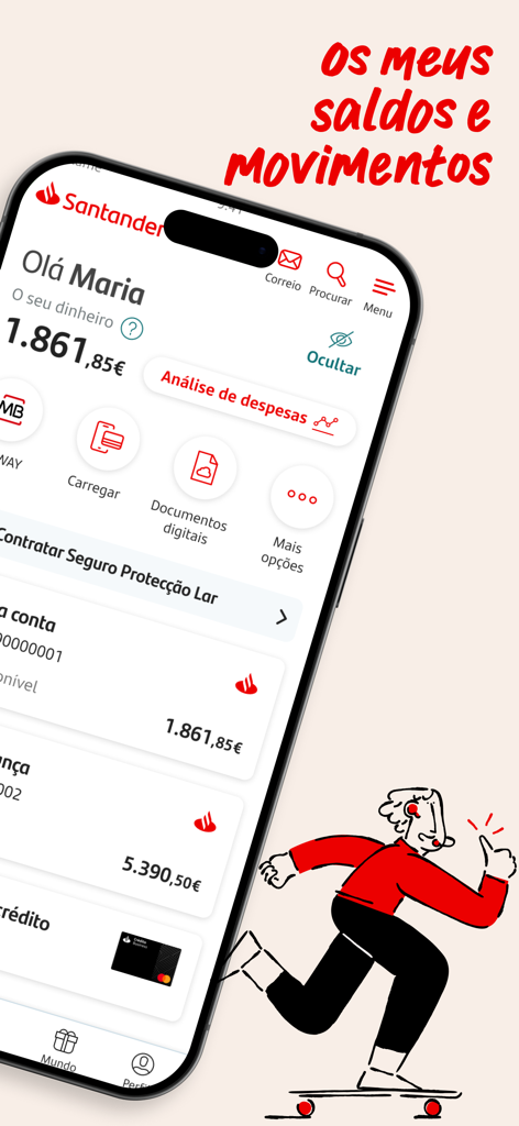 Painel do aplicativo Santander Portugal mostrando saldos de contas e movimentos financeiros