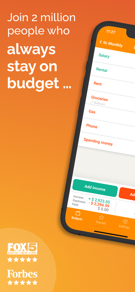 Fudget: Monthly Budget Planner - A screenshot of the Fudget app displaying a monthly budget list with income and expense entries