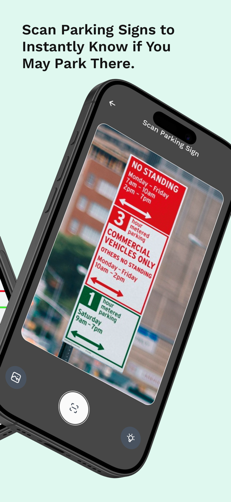 ParkingAid: Park Smarter - A smartphone scanning a complex street parking sign using the ParkingAid app to interpret regulations