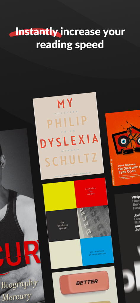 Speed reading: Book reader app - Interfaz de la aplicación de lectura rápida Wordex que muestra una variedad de portadas de libros con texto que afirma aumentar instantáneamente la velocidad de lectura.