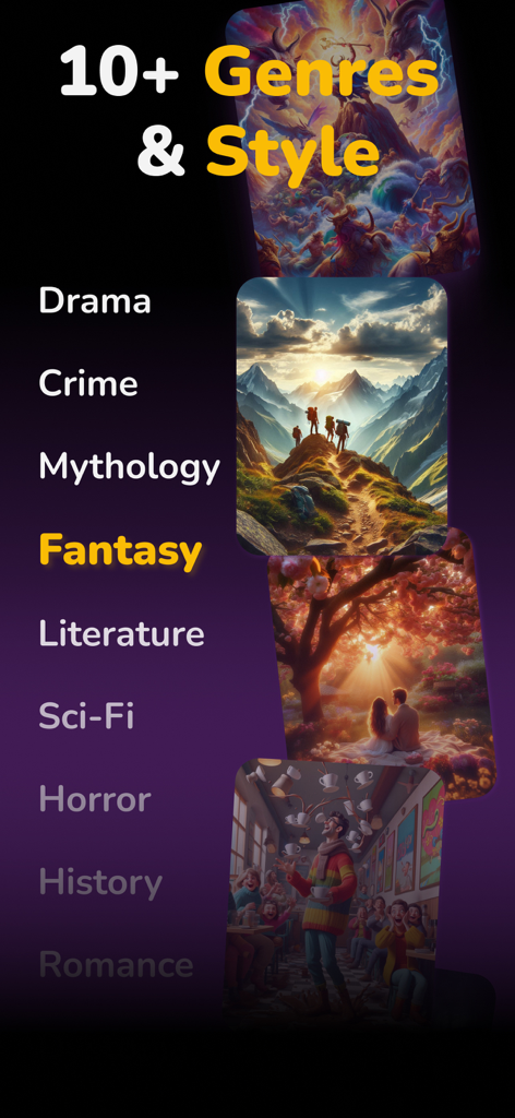 A list of over 10 story genres and styles available in the StoryNow AI app with illustrative images for Fantasy and Drama