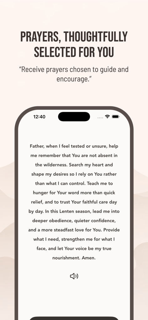 Una preghiera quotidiana personalizzata sull'interfaccia dell'app Pray per guida spirituale e incoraggiamento.