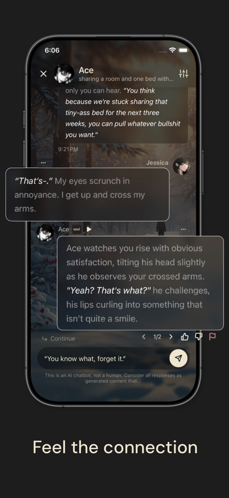 Mobile app screen of DigitalSoul showing an immersive AI chat roleplay with a character named Ace