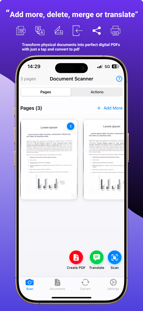 Pdf scan translate - Interfaz de la aplicación de escaneo y traducción de PDF que muestra páginas de documentos escaneados con opciones para crear PDF y traducir