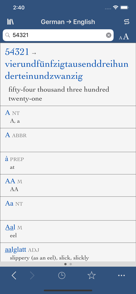 Collins German-English - Collins German-English dictionary app interface showing a number translation from English to German.