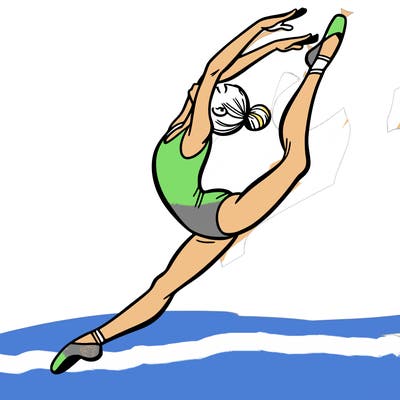 gymnast doing a leap in a leotard with a bent back leg