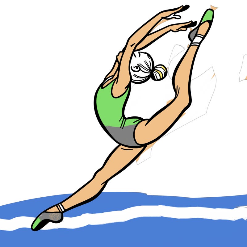 gymnast doing a leap in a leotard with a bent back leg